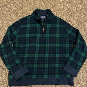 Lands End Sweater Mens L Blue Green Plaid Tartan 1/4 Zip Fleece Collar Pullover